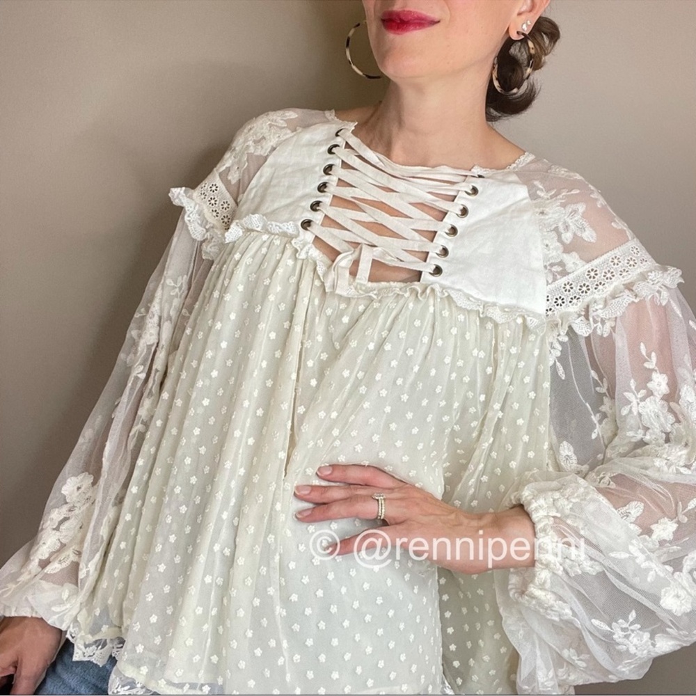 Spell and the Gypsy Cream Ivory Dawn Lace Reversible Lace Up Babydoll Blouse - Picture 3 of 8